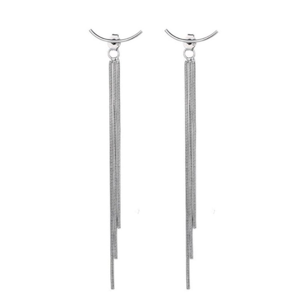 925 Sterling Silver Thin Long Chain Tassel Drop Bar Earrings - Picture 4 of 5